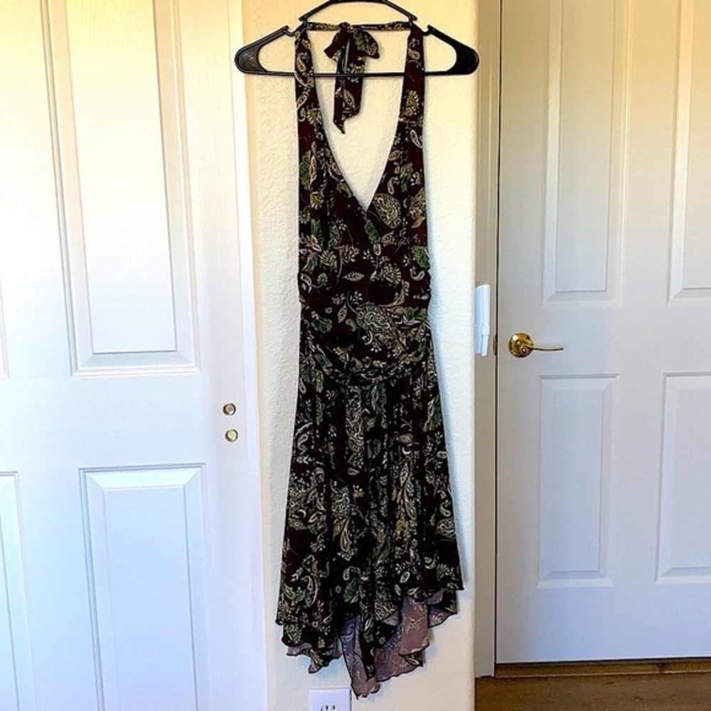 Speechless Halter Top Handkerchief Hemline Brown w/Green & White Design